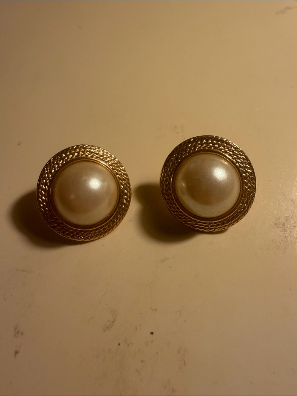 Classic Gold-Tone Pearl Button Earrings - Elegant White Faux Pearl